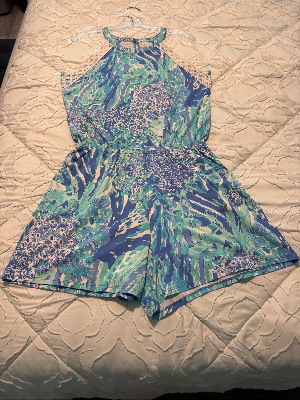Lilly Pulitzer Blue & Turquoise Floral Print Romper with Lace Trim